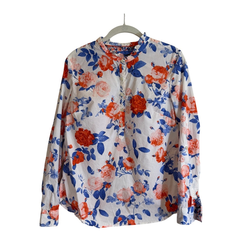 Talbots Floral Henley Blouse Womens S White‎ Orange Blue Roll Tab Sleeve Cotton